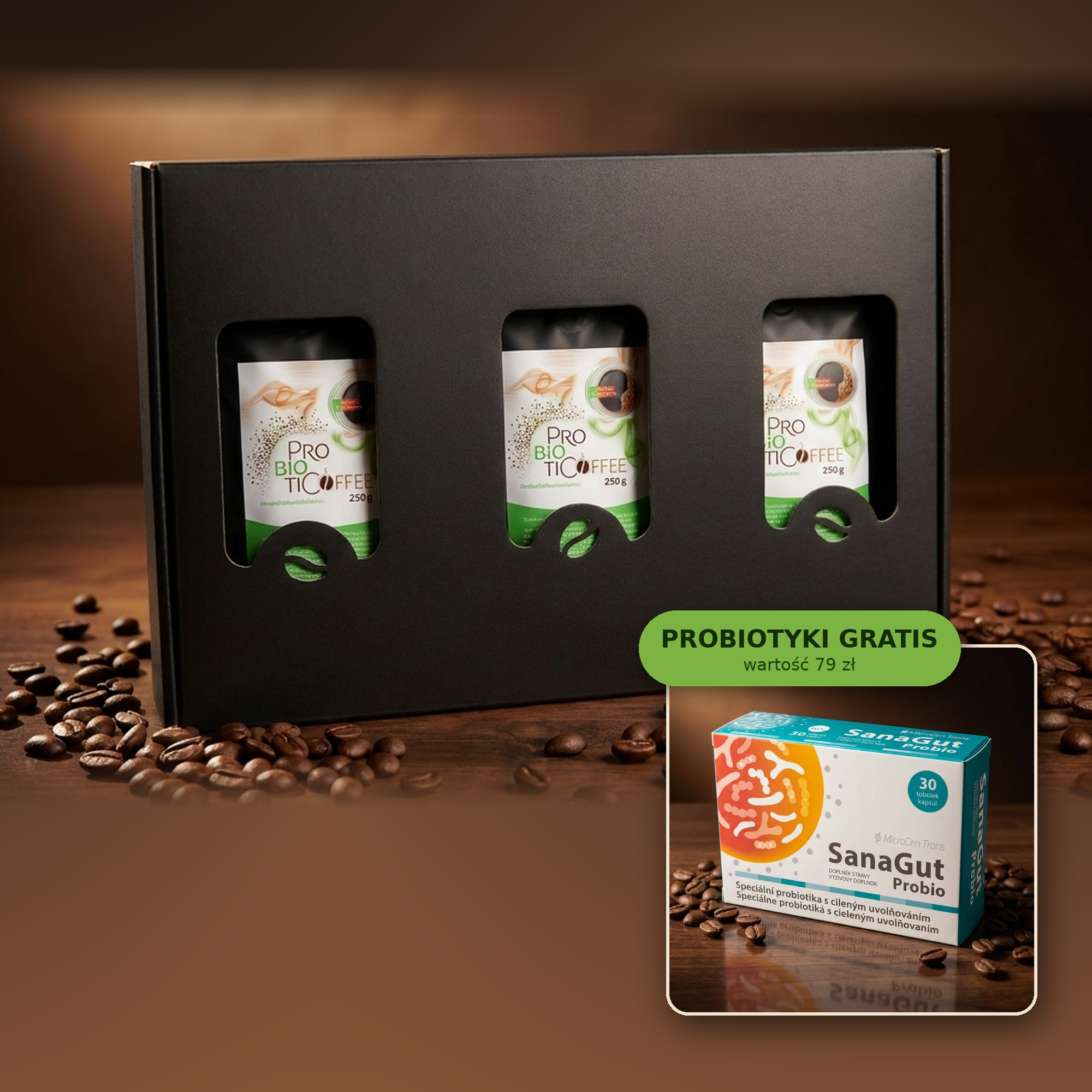 Zestaw prezentowy 3 × Kawa Probiotyczna 250 g z SanaGut Probio gratis