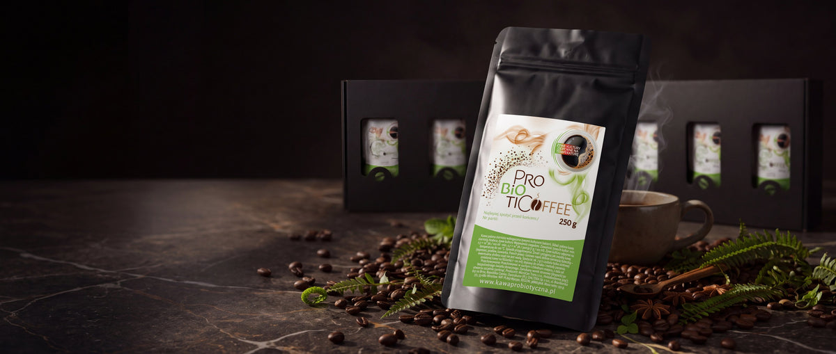 Kawa Probiotyczna PROBIOTICOFFEE 250 g – opakowanie z ziarnami kawy