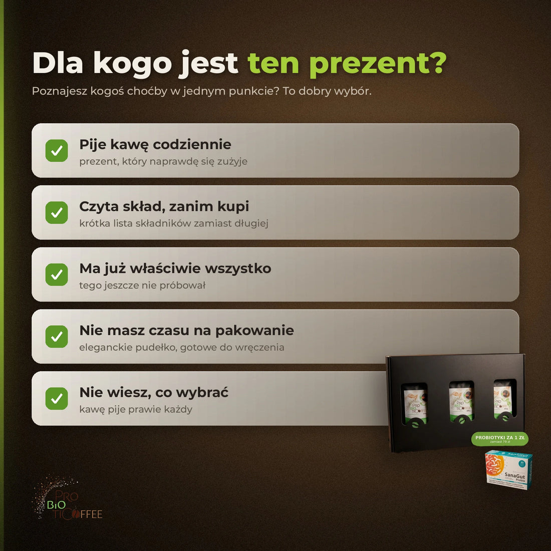 Dla kogo jest ten prezent — zestaw prezentowy Kawy Probiotycznej w eleganckim pudełku